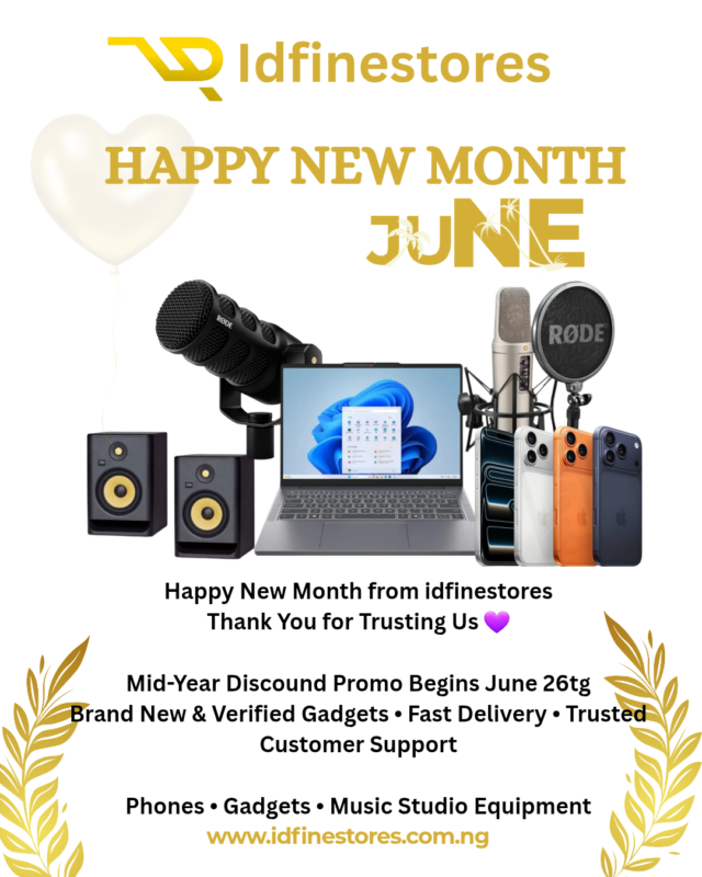 Happy New Month banner from idfinestores announcing upcoming mid-year discount promo on Samsung phones, gadgets, laptops, and music studio equipment in Nigeria