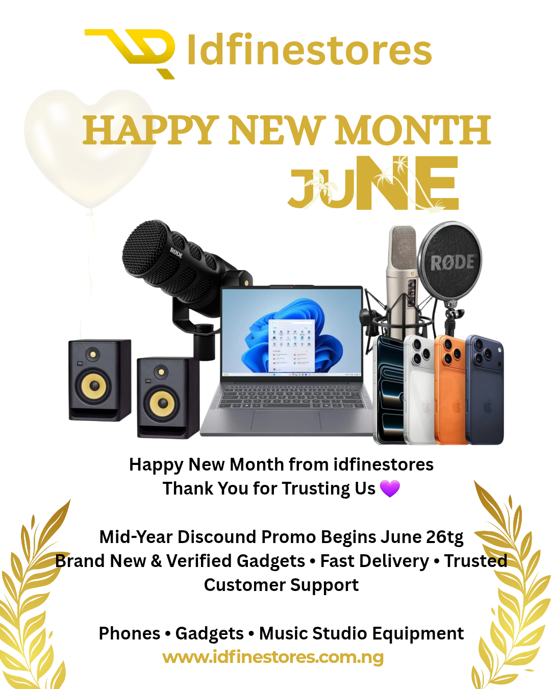 Happy New Month banner from idfinestores announcing upcoming mid-year discount promo on Samsung phones, gadgets, laptops, and music studio equipment in Nigeria