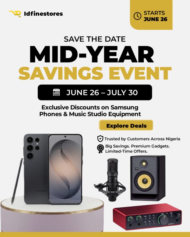 idfinestores Mid-Year Savings Event featuring Samsung phones and music studio equipment discounts from June 26 to July 30
