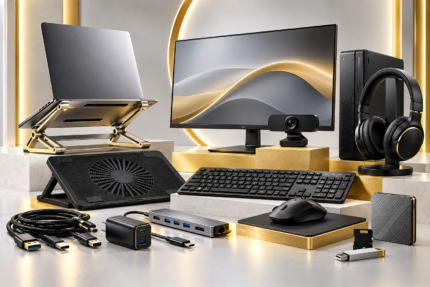 Premium computer accessories including laptop, monitor, keyboard, mouse and connectivity accessories