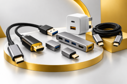 Premium computer cables and adapters on a modern gold and gray studio background