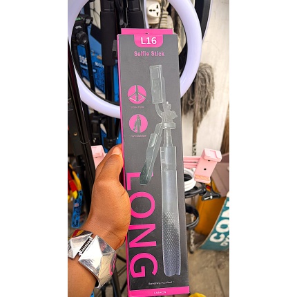 L16 extendable selfie stick tripod with 360-degree rotating smartphone holder and Bluetooth remote