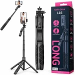 L16 extendable selfie stick tripod with 360-degree rotating smartphone holder and Bluetooth remote