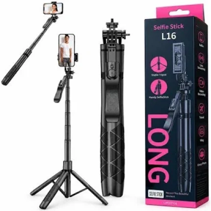 L16 extendable selfie stick tripod with 360-degree rotating smartphone holder and Bluetooth remote